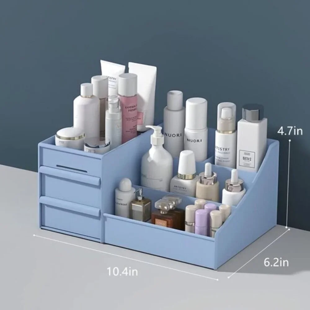 New Blue Makeup Desk Organizer, Countertop Drawer Storage for Vanity & Cosmetics